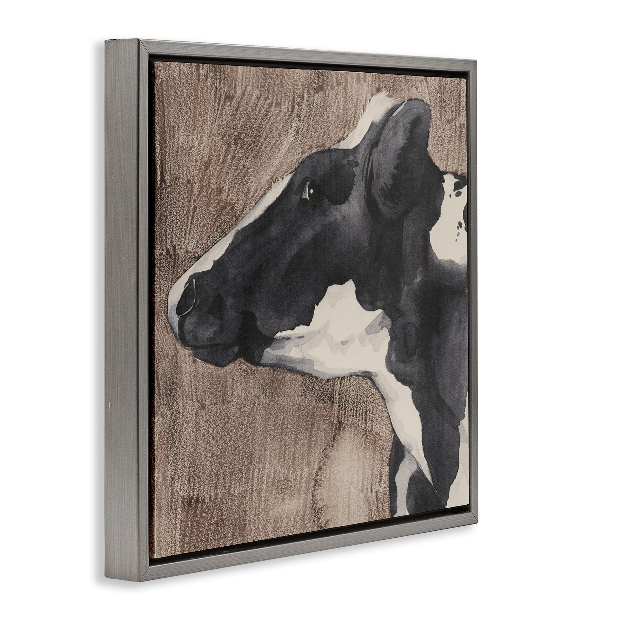 Stupell Industries Rustic Cow Looking Left Animals & Insects Painting Gray Floater Framed Canvas Art Print Wall Art, 18 x 18