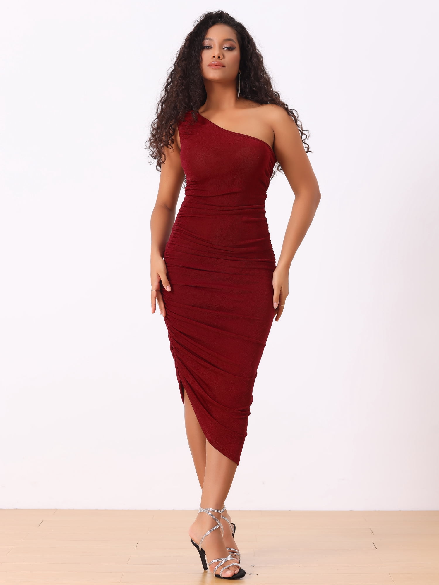 DARING DIVA Women's Ruched Bodycon Sleeveless One Shoulder Long Dresses S Red