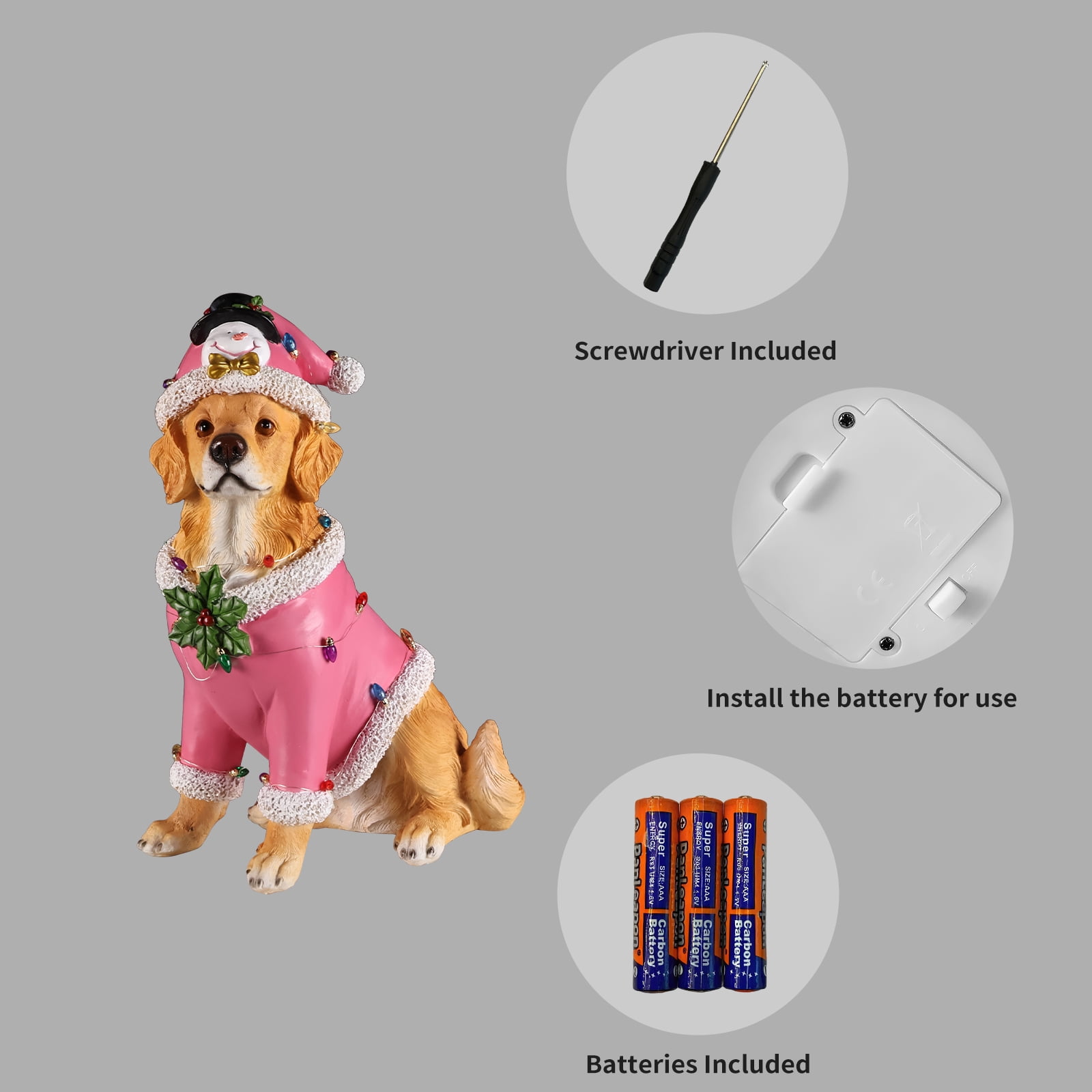 Golden Retriever Pink Santa Outfit Christmas Dog Statue with Santa Hat Holiday Tabletop Decor