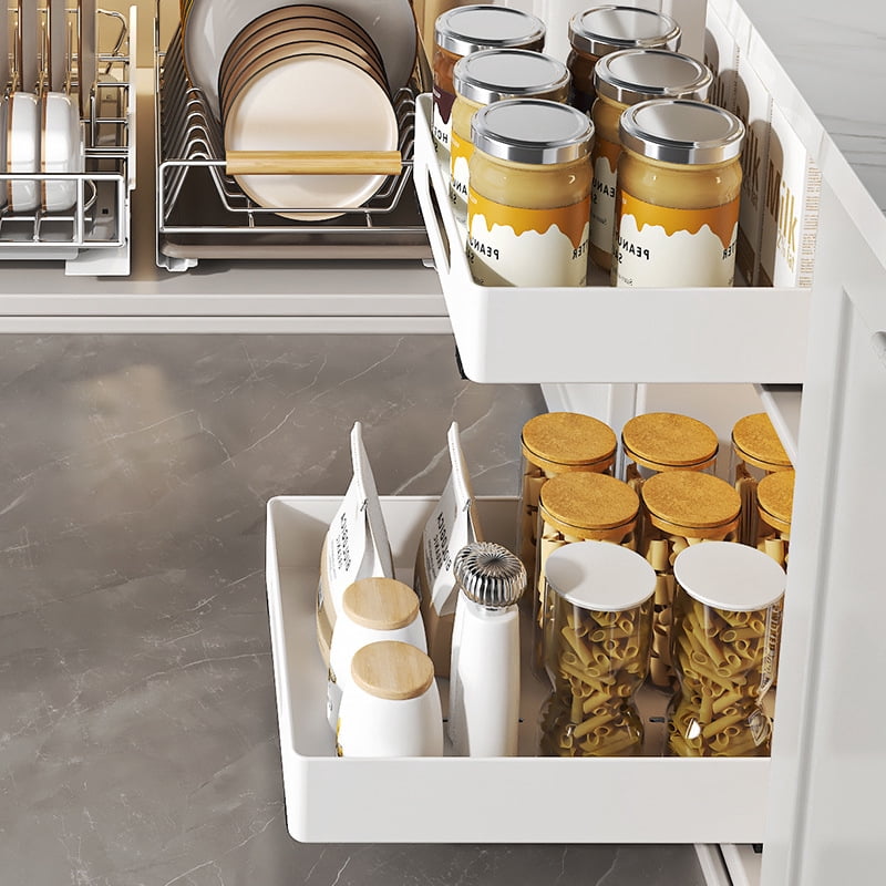 2 Pack Under Sink Pull Out Cabinet Organizer, Drawer Slide Out Storage Basket with Rails, White Single Layer Kitchen Organizer, Large & Small Sink Storage Box for Bathroom Kitchen