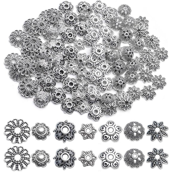 Silver Bead Caps,140pcs Tibetan Bead Caps Vintage Flower Beads Ends Loose Spacer Beads DIY Jewelry Findings for Crafts Making Bracelet Necklace Arts,7 Styles