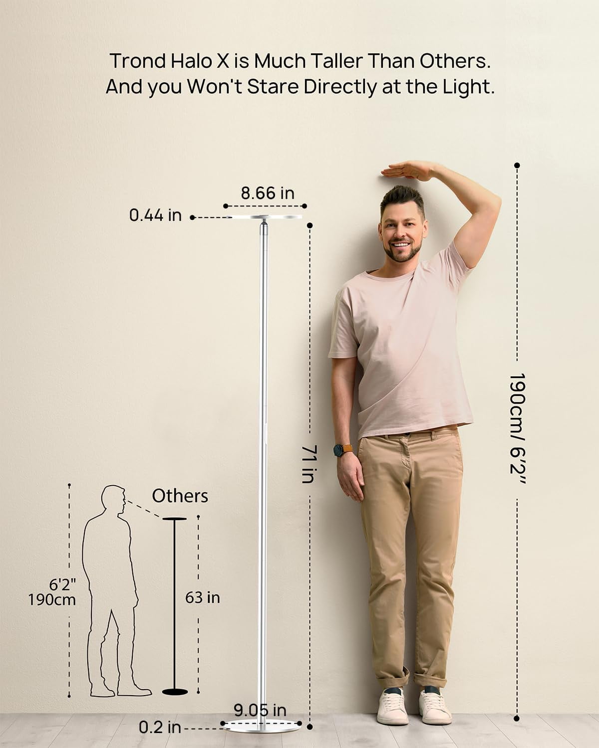 TROND LED Torchiere Floor Lamp, Dimmable 30W, 3000K Warm White, 71 inch Tall, 30-Minute Timer, Silver