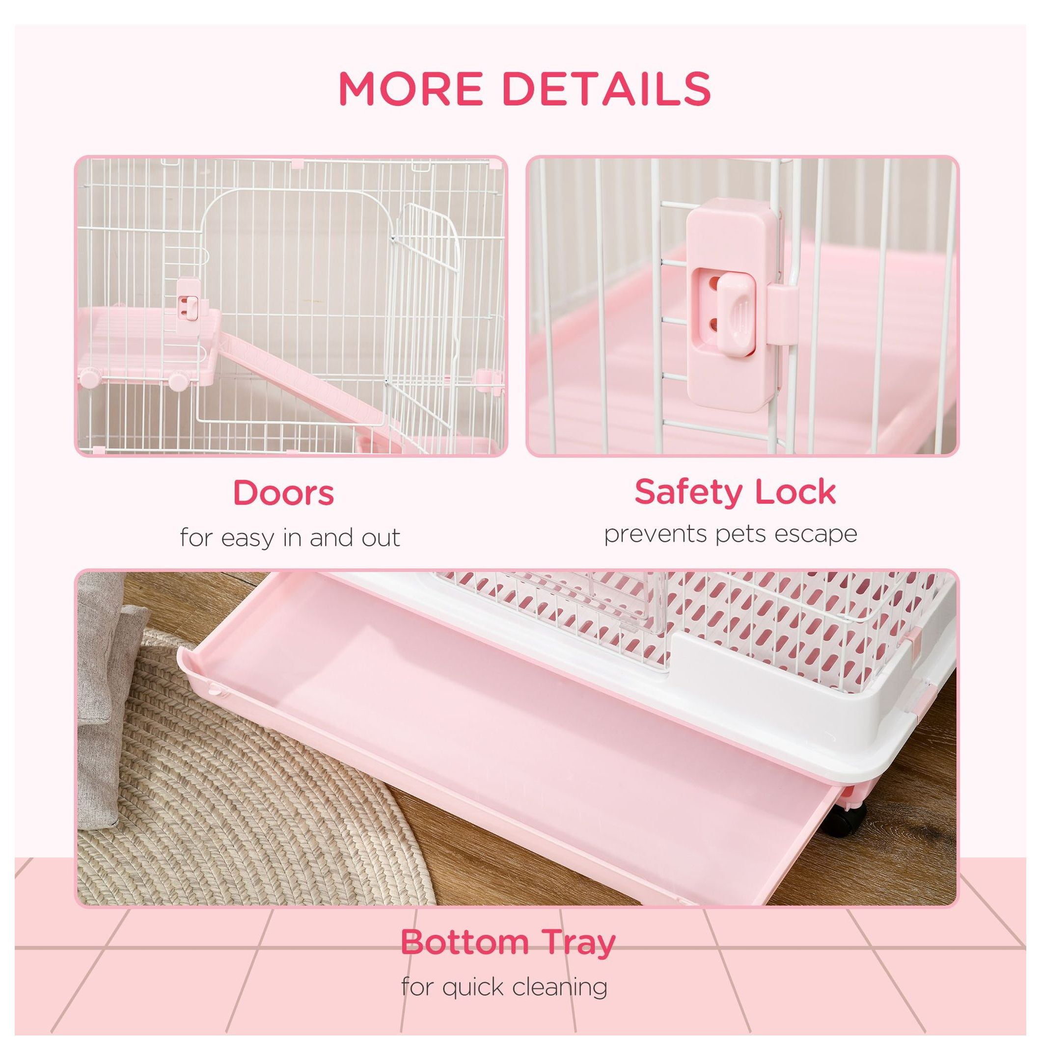 32L 4-Level Small Animal Cage, Rabbit Hutch with Wheels & Tray, Pink - Bunny, Chinchilla, Ferret Habitat