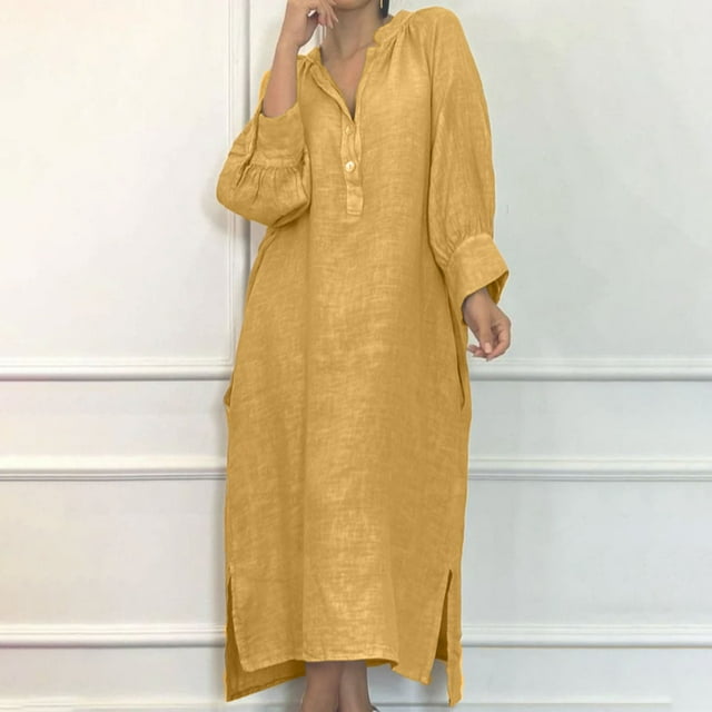 LVHAOGJOB Robes pour Femmes avec Poches Été Grande Taille Robe Maxi Fluide Col en V Manches Longues Robe d'Été pour Dames Coton Lin