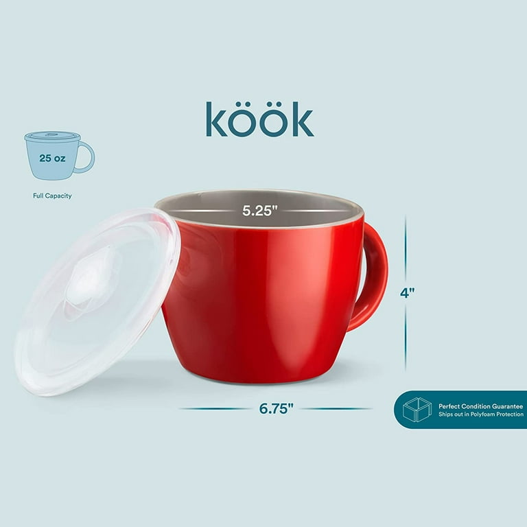 Kook Ceramic Soup Mugs with Lids , 25 oz, Set of 2 , Cherry/Grey
