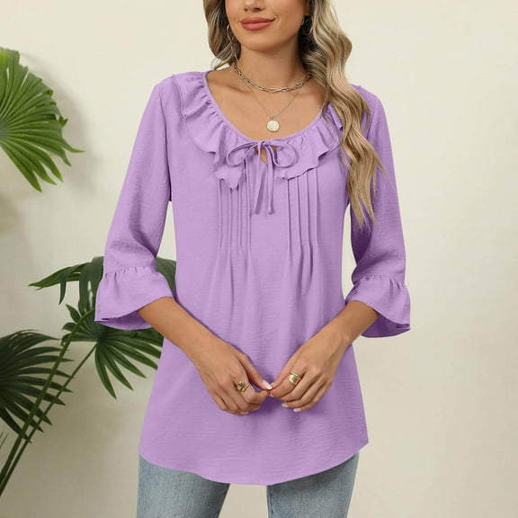 Xysaqa Women's Casual 3/4 Sleeve Tops Tie V-Neck Pleated Blouses Cute Ruffle Trim Tunic Tops Solid Dressy Casual 3/4 Length Sleeve T-Shirts Purple XL Clearance