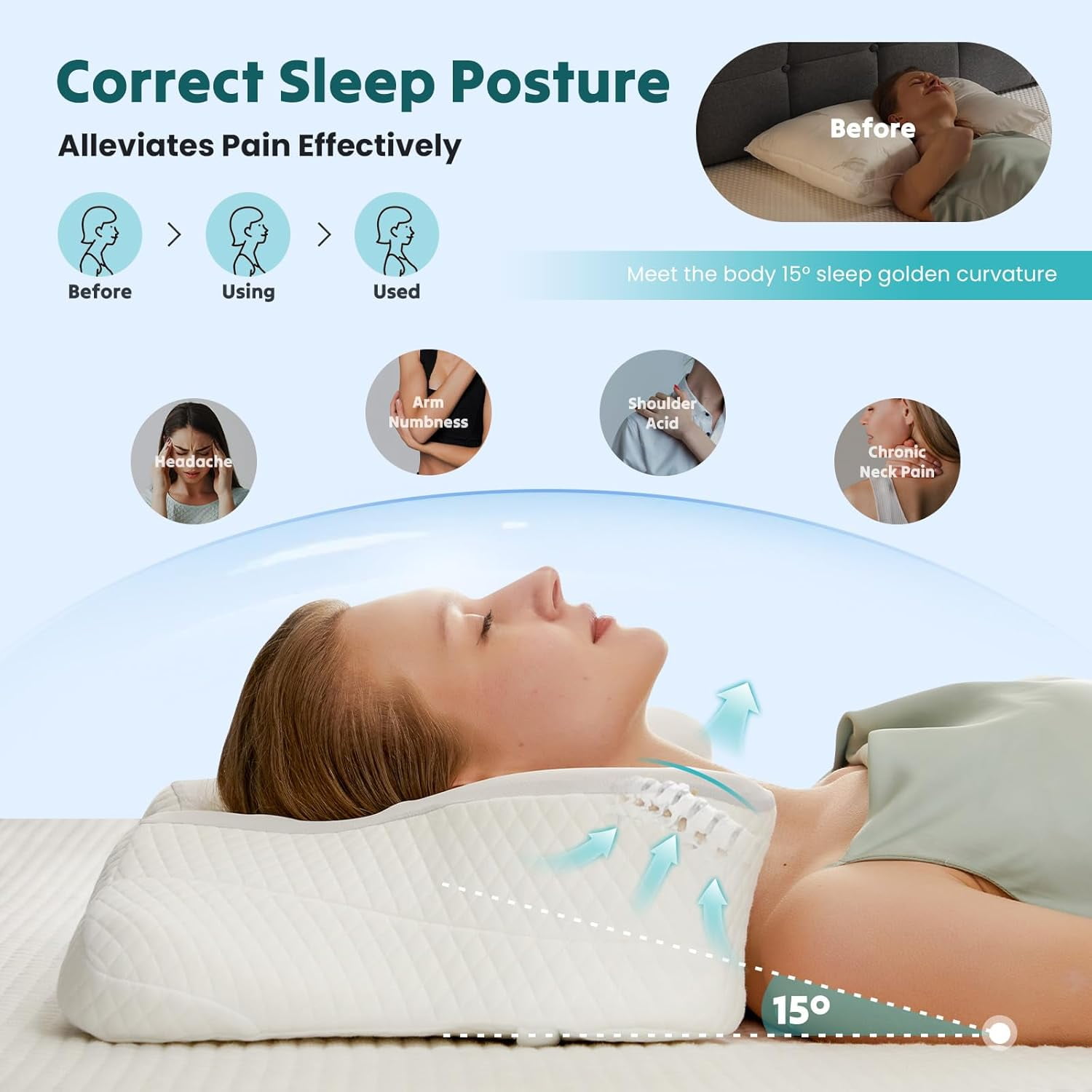 JIOABL King Size Ergonomic Contour Memory Foam Pillow Set of 2, Cervical Neck Pillow with Cooling Case for Neck Pain Relief, Light Gray