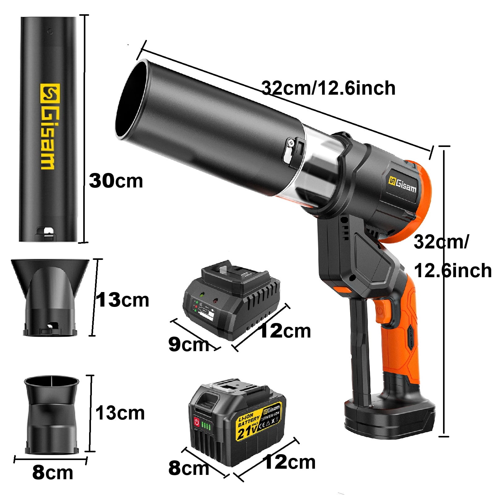 Gisam Rotatable Electric Brushless Cordless Leaf Blower 800000RPM 320CFM Handheld Leaf Blower with 2 X 6.0Ah Batteries for Patio Cleaning, Lawn Care, Blowing Leaves and Dust