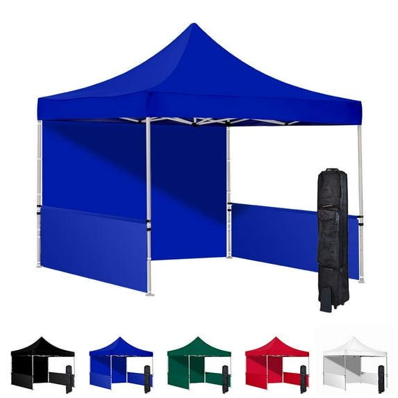 Blue 10x10 Instant Canopy Tent with 1 Full Wall and 2 Half Walls - Commercial Grade Steel Frame with Water-Resistant Canopy Top and Sidewalls - Bonus Canopy Bag and Stake Kit Included (5 Colors)