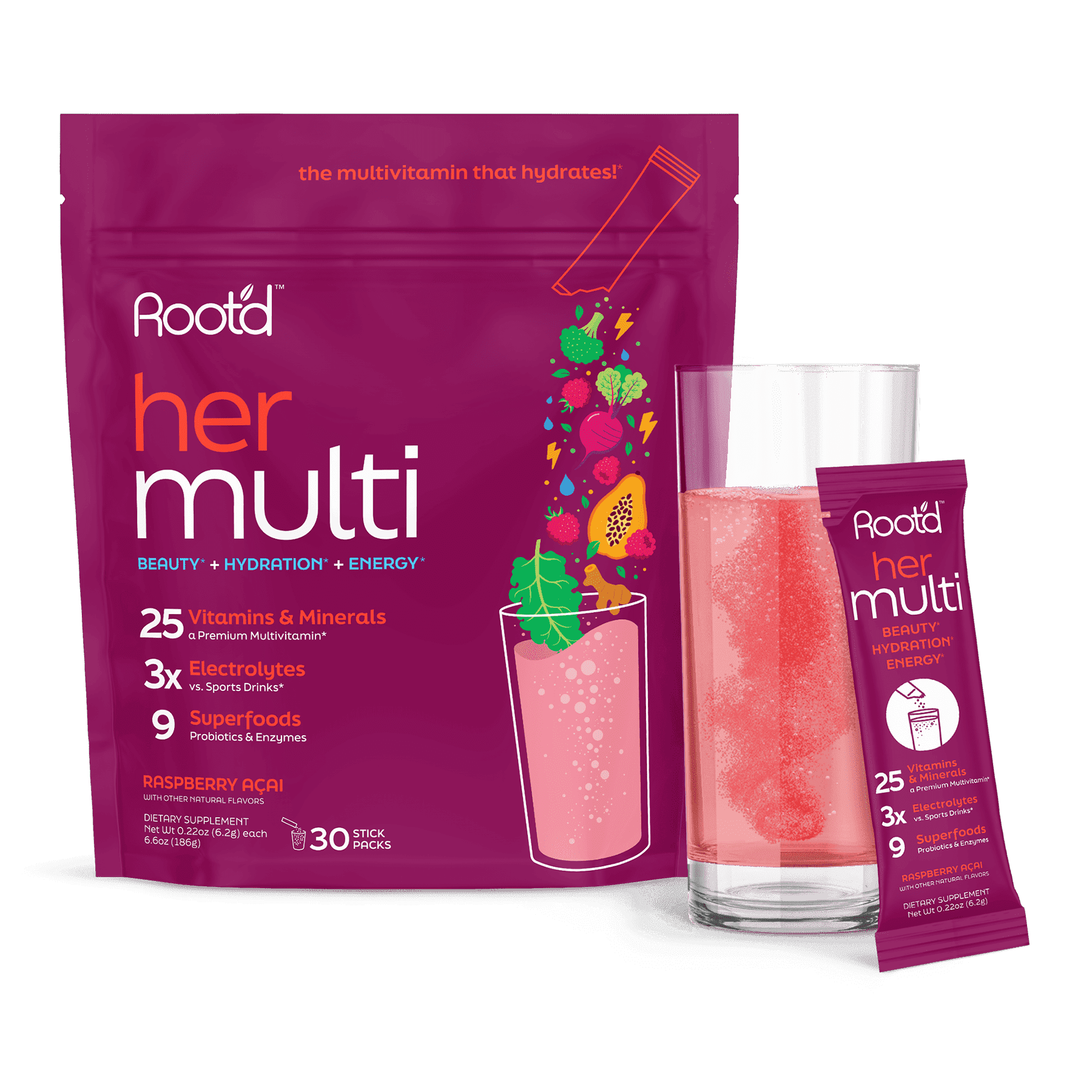 Root'd Multivitamin Powder for Women - 25 Vitamins,Minerals with 3X Electrolytes, 9 Organic Superfoods, Probiotics Enzymes, Sugar-Free Multivitamin Hydration, 30 Vitamin Drink Mix Packets