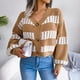 thumbnail image 4 of Suéter de mujer Mangas de linterna Cuello en V Costuras Bloque de color Suéter de ajuste casual para invierno Caqui L, 4 of 8