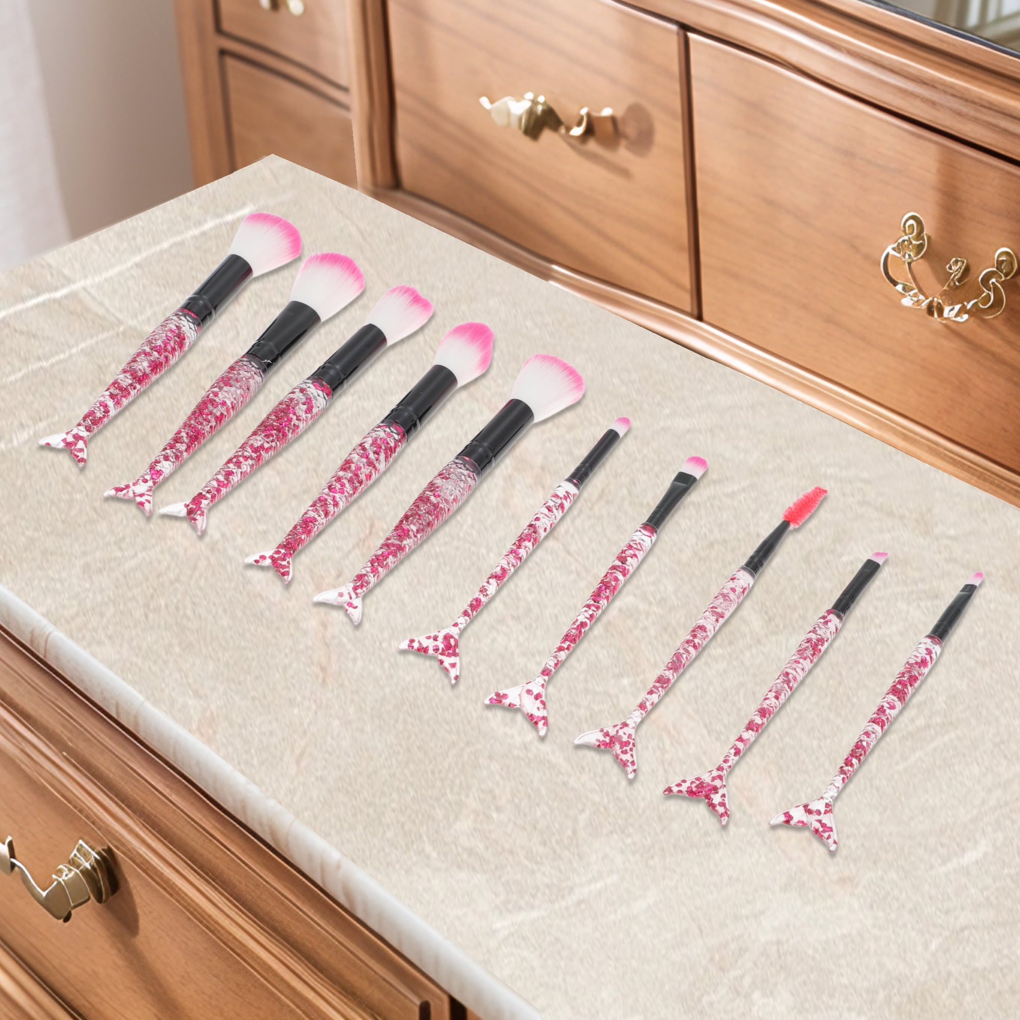 Unique Bargains 10 Pcs Durable Mermaid Makeup Brush Set for Cosmetic Red
