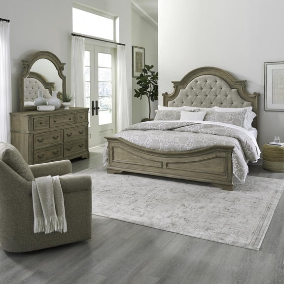 Liberty Furniture Magnolia Manor Queen Upholstered Bed, Dresser & Mirror - Weathered Bisque