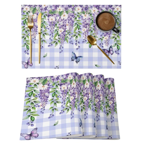 Purple Floral Placemats Set of 8, Country Pastoral Butterfly White Daisy Flowers Plaid Non-Slip Place Mats Washable Table Mats for Kitchen Dining Table Decorations Indoor/Outdoor