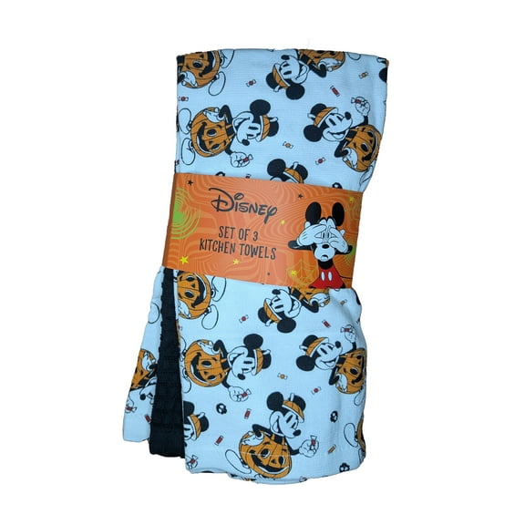 Disney 3 Pack 100% Cotton Kitchen Towels Halloween Fall Autumn Mickey Wearing Pumpkin Suspenders