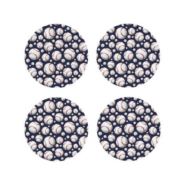 Vsdgher Cute Basebal Print Leather Coasters for Drinks, Durable Drink Coasters 4 Set for Tabletop Protection, Luxurious Home Décor and Housewarming Gift-Round Shape