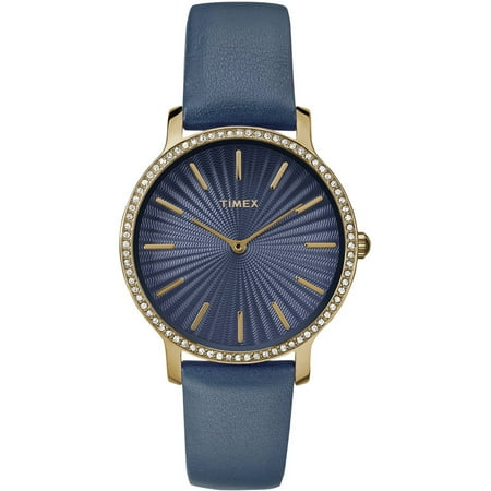 Timex Women's Metropolitan Starlight 34mm Navy/Gold-Tone Watch, Leather Strap