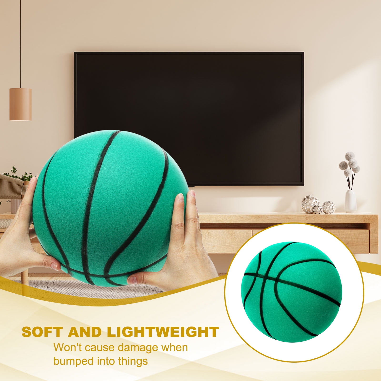 Uxcell Silent Basketball 9.5" No Noise High-Density Foam Dribbling Indoor Basketball with Net Bag forIndoor Sport Green