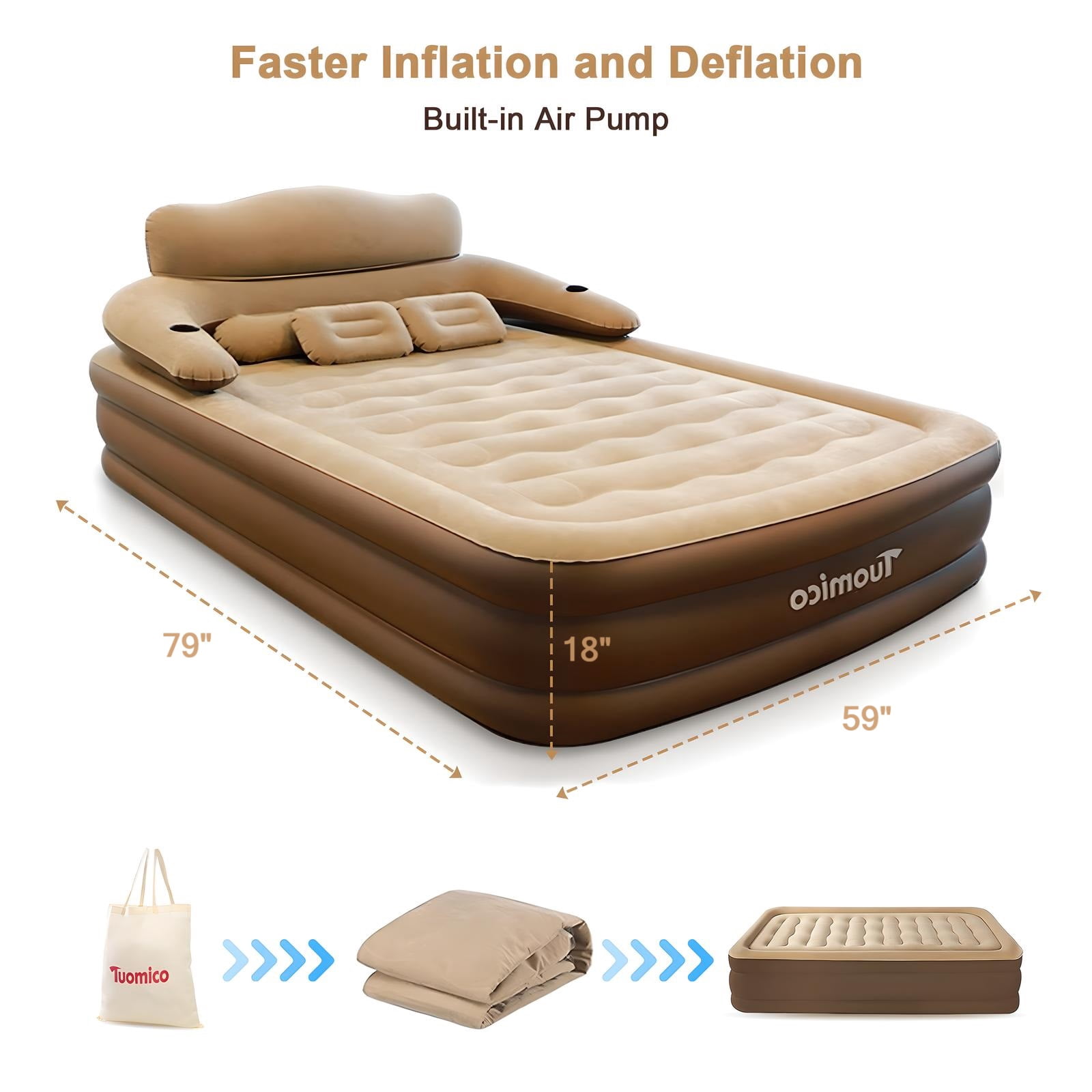 SLLINGLUO 18" Inflatable Airbed with Built-in Pump, Queen Air Mattress for Home Travel Camping, Coffee