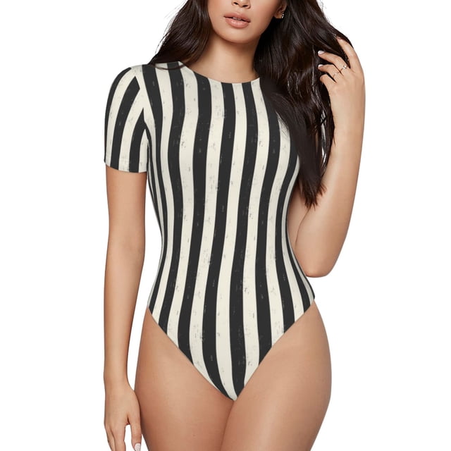 Saiise Combinaison à Manches Courtes pour Femmes, Motif à Rayures Épaisses Noir et Blanc, Col Rond, Pyjama Extensible, Justaucorps avec Fermeture à Boutons-Pression - XX-Grand