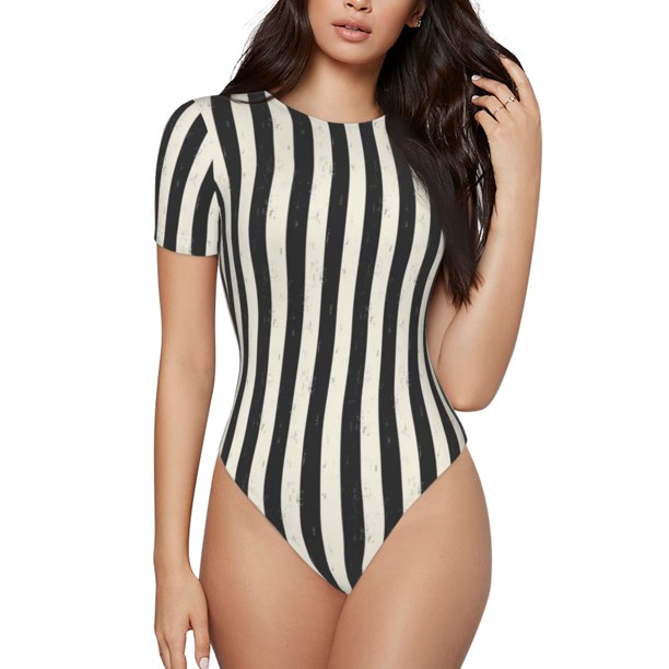 Balery Black And White Thick Stripes Body de cuello redondo de manga corta para mujer Tops de manga corta Tops básicos-X-Large