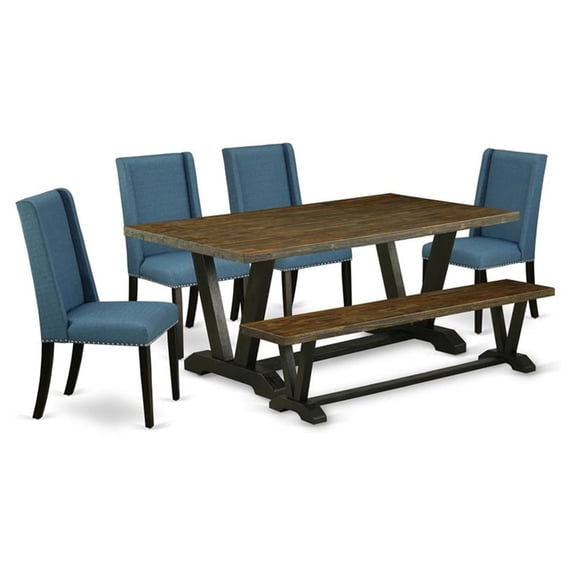 East West Furniture V-Style 6-piece Wood Dining Set with Linen Seat in Black