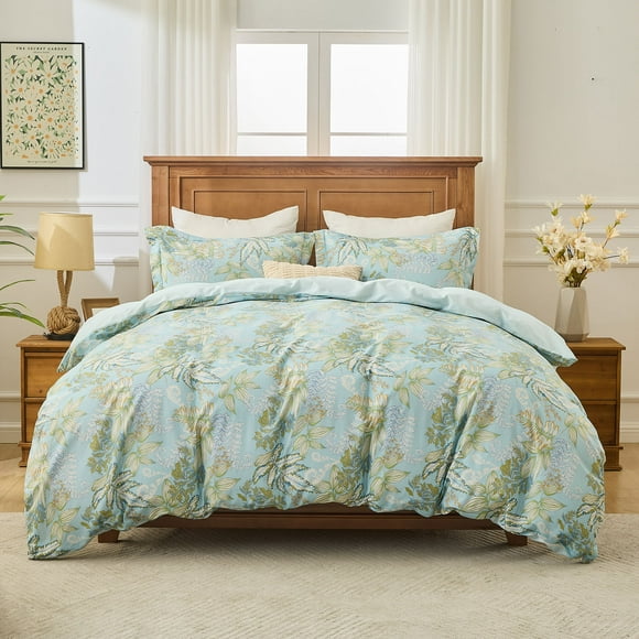 Kingrest Luxury Queen Duvet Cover Set Floral Printed, Soft & Breathable 100% Organic Cotton 3 Pieces Queen Bedding Sets, Pattern Queen Comfy Duvet Cover Set with Zipper Closure