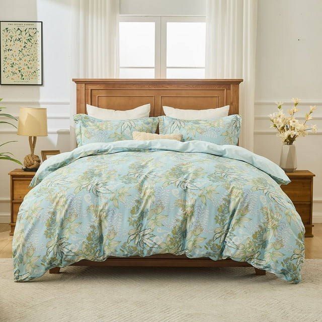 Kingrest Luxury King Duvet Cover Set Floral Printed Soft & Breathable 100% Organic Cotton 3 Pieces King Bedding Sets, Pattern King Comfy Duvet Cover Set, with Zipper Closure