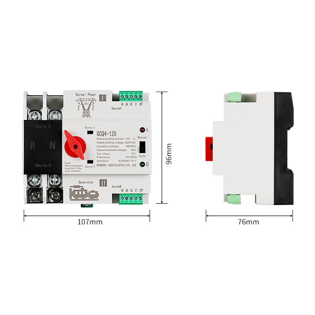 Single Phase Din Rail ATS 220V PC Dual Power Automatic Transfer Switch 2P 100A Household Power Transfer Switch 50/60Hz