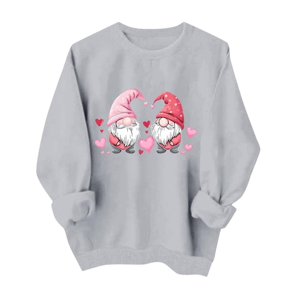 Womens Valentine's Day Gnome Sweatshirt Cute Oversized Graphic Print Shirt, Soft Casual Crewneck Sweater Holiday Gift for Her Gray,Size XS