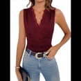 thumbnail image 2 of Body de Encaje Transparente para Mujer, Sin Mangas, con Escote en V Profundo Vino Tinto M, 2 of 7