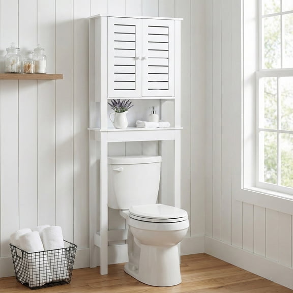 Evideco French Home Goods Santorin Over-the-Toilet Cabinet with Louvered Doors and Open Shelf, White