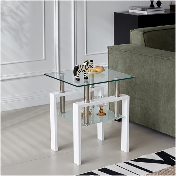 Tempered Glass End Table with Storage Shelf, Clear Modern Side Table for Living Room, Sofa Accent Table