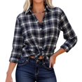 thumbnail image 2 of HOWPAY Plaid Shirts for Women V Neck Collared Button up Long Sleeve Casual Blouse Stretch Loose Fit Lightweight Cozy Soft Casual Tops Navy M, 2 of 8