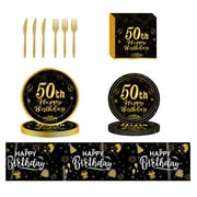 50th Birthday Theme Birthday Decorations,Disposable Party Tableware Sets - 50 Years Paper Plates,Napkins,Plastic Forks Knives,Tablecloths,50th Party Supplies for Men Women,24 Guests