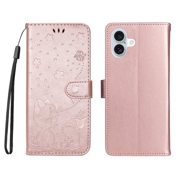 Allytechgroup for iPhone 16e Case with Credit Card Slot, PU Leather RFID Blocking Wallet Flip Case with Stand Wrist Strap Shockproof Protective Back Cover for iPhone 16e, Rosegold