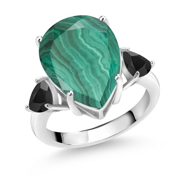 Gem Stone King 10.72 Ct Pear Shape Green Malachite Black Onyx 925 Sterling Silver Ring (Size 9)