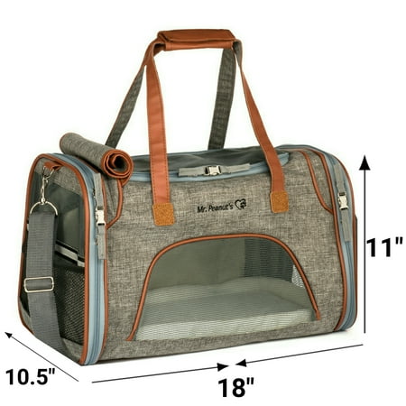 Small Open Pet Tote - Airline Approved Soft Sided Pet Carrier by Mr. Peanut's, Low Profile Travel Tote with Fleece Bedding, Premium Zippers & Metal Safety Clasp, Under Seat Compatibility, Perfect for Cats and Small Dogs
