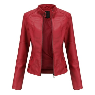 Turilly Womens Jackets Ladies New Ladies Slim Leather Stand-Up Collar Zipper Stitching Solid Color Jacket