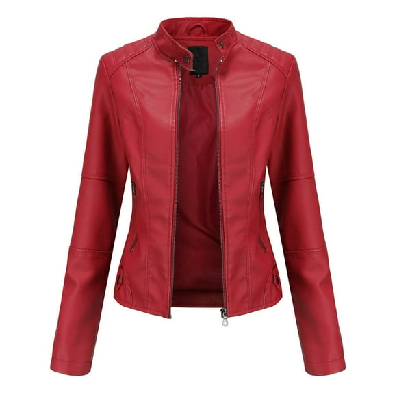 Babysbule Womens Coats Clearance New Women's Slim Leather Stand-Up Collar Zipper Stitching Solid Color Jacket