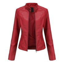 Dezsed Women's Faux Leather Belted Motorcycle Jacket New Ladies Slim Leather Stand-Up Collar Zipper Stitching Solid Color Jacket Red XXL