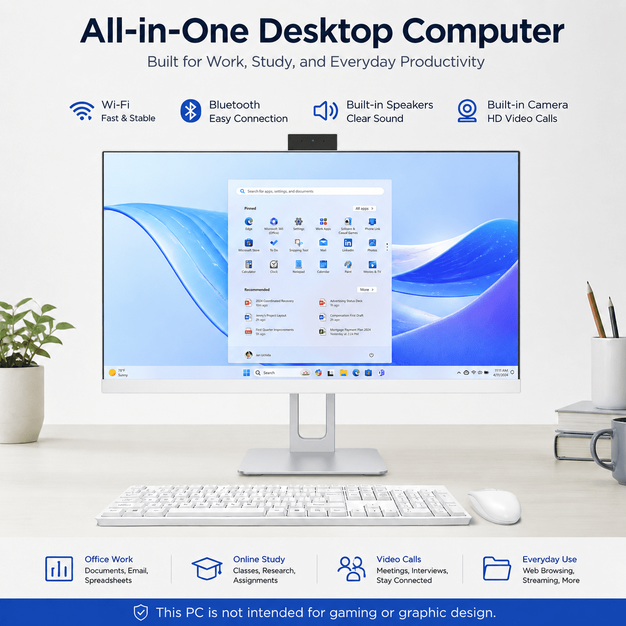 PTZZHEDM 23.8" All-in-One Desktop Computer, Intel i5-2520M, 8GB RAM, 128Gb SSD, FHD Display, Windows 10 Pro, Webcam, Keyboard, Mouse, Wi‑Fi, Bluetooth, White