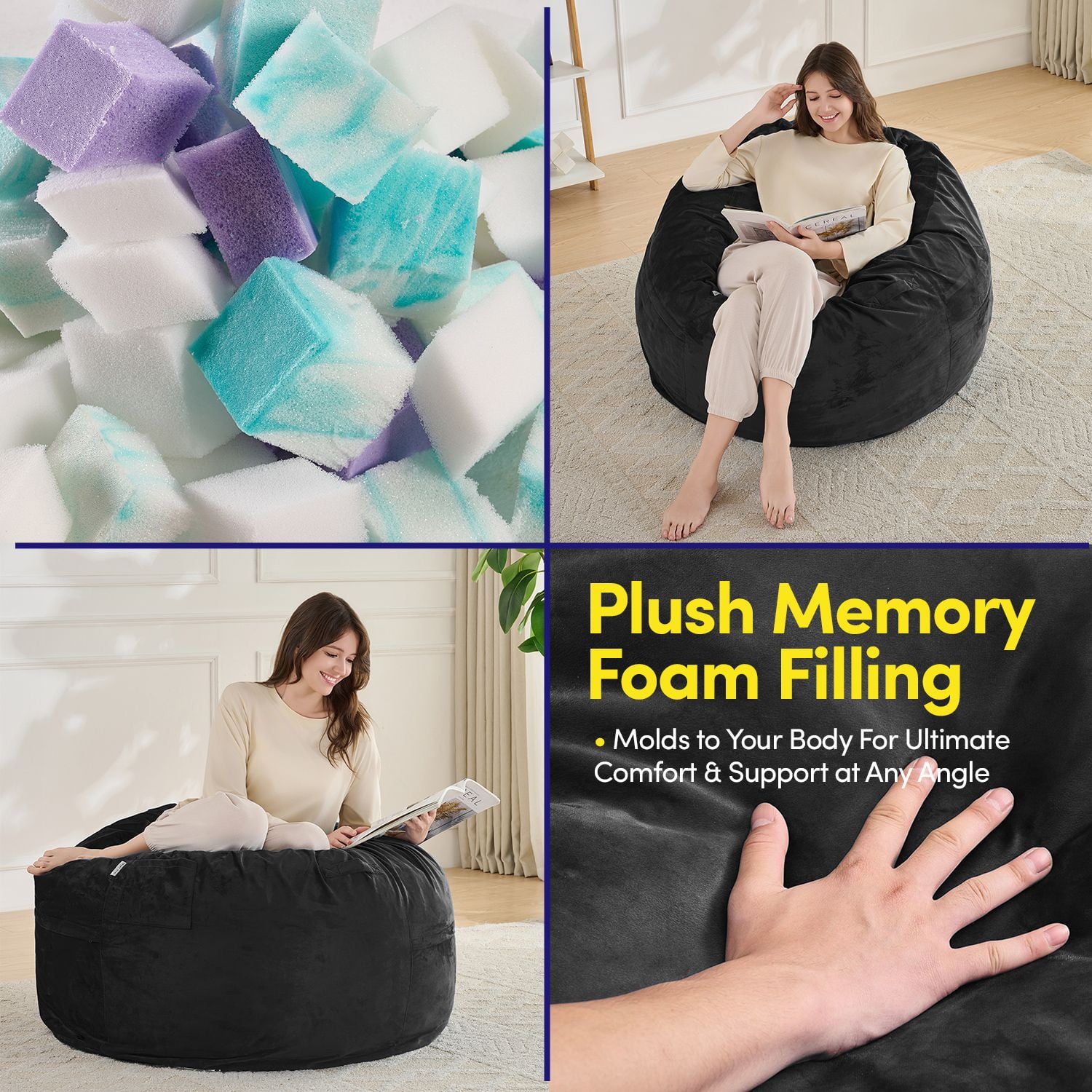 3FT Bean Bag Chair, Adults Foam Round Big Sofa Bean Bag for All Ages, Removable Velvet Cover, Black