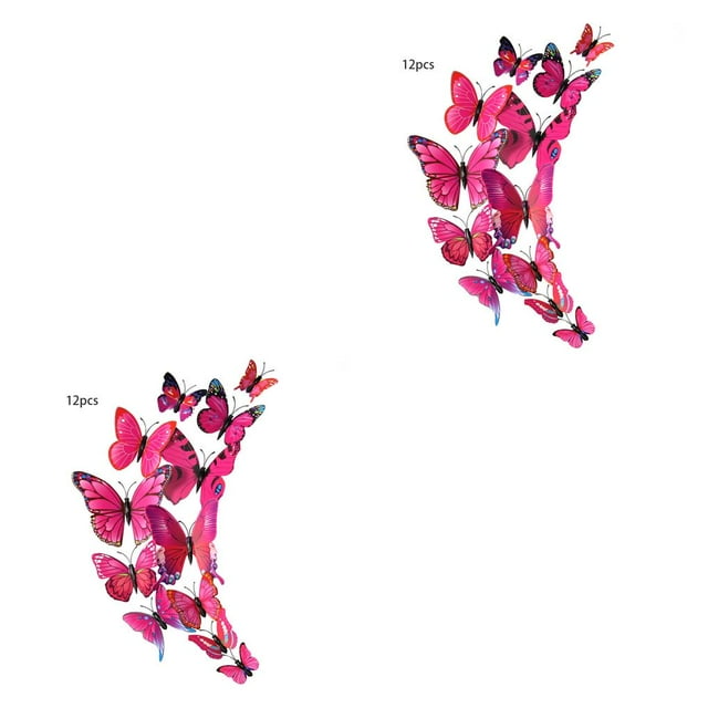 Justharion 12pcs/set Multicolor Double Layer 3D Butterflies Wall Stickers Room Wall Decor PVC Butterflies Fridge Stickers Rose red 2Set