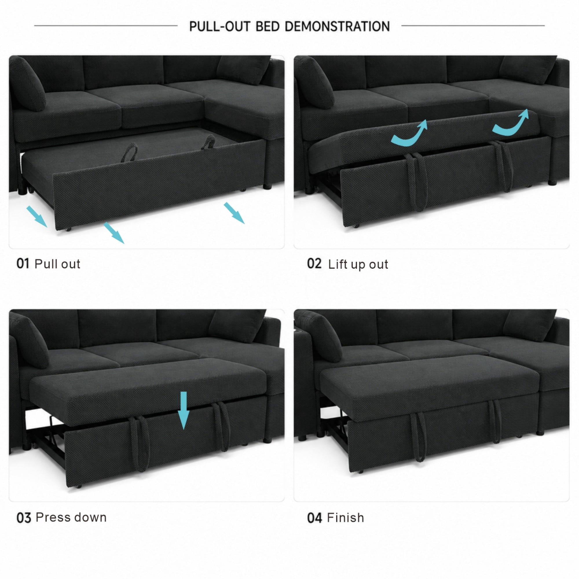 BSHTI 82.5" Foil Fabric L-Shaped Pull-Out Sectional Sofa Bed with Storage Chaise, Cup Holders for Living Room(Dark Gray)