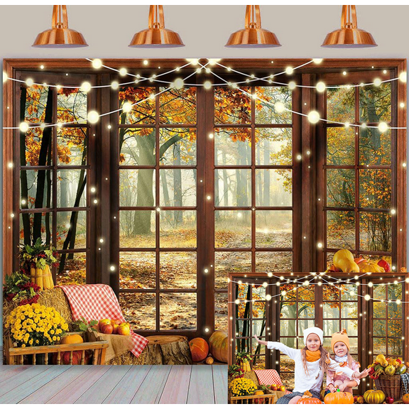 8x6FT Thanksgiving Fall Backdrop Autumn Forest Window Pumpkin Harvest Photography Background Thanksgiving Family Holiday Party Decorations Season Nature Landscape Photo Booths Studio Props