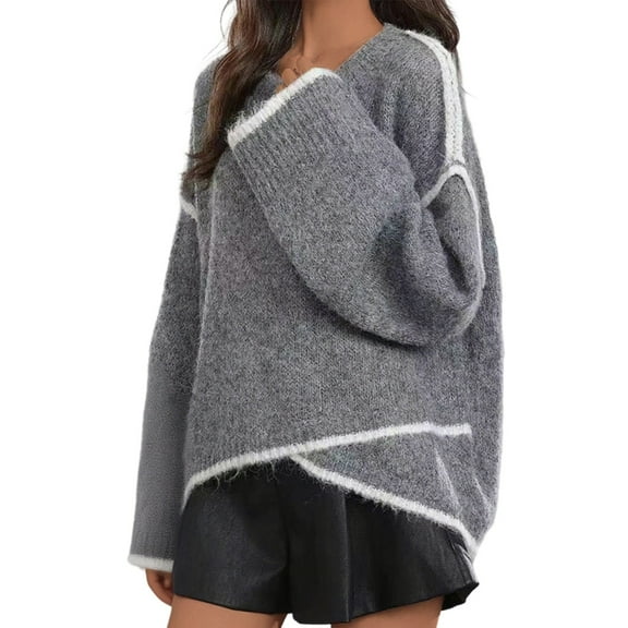 Women's Oversized Sweater Long Sleeve Crewneck Striped Pullover Top Gray Free Size