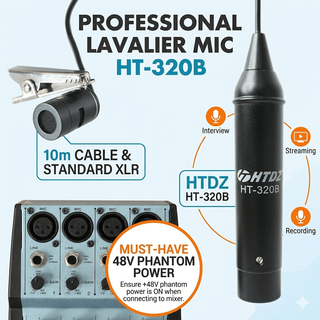 HT-320B Professional XLR Lavalier Lapel Microphone with 10M Shielded Cable Omnidirectional Condenser Mic for Mixer & Audio Interface