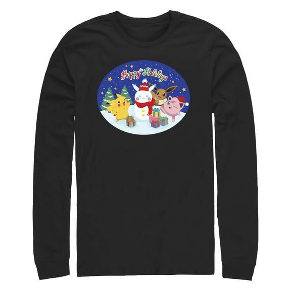 Men's Pokemon Christmas Happy Holidays Snowman Long Sleeve Shirt Black Medium
