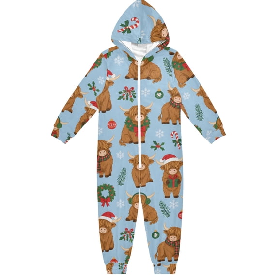 Highland Cow Boys & Girls Hooded One-Piece Pajamas Warm Crystal velvet Hooded Long Sleeve Loungewear Jumpsuit Unisex